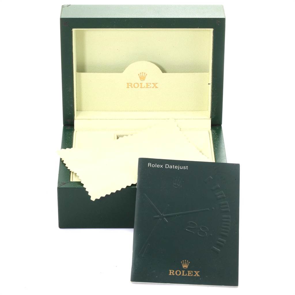 The image shows a Rolex Datejust 116244 Men's Stainless Steel Mother of Pearl Dial 116244 Men's Stainless Steel Mother of Pearl Dial watch box, polishing cloths, and a booklet, viewed from the front.