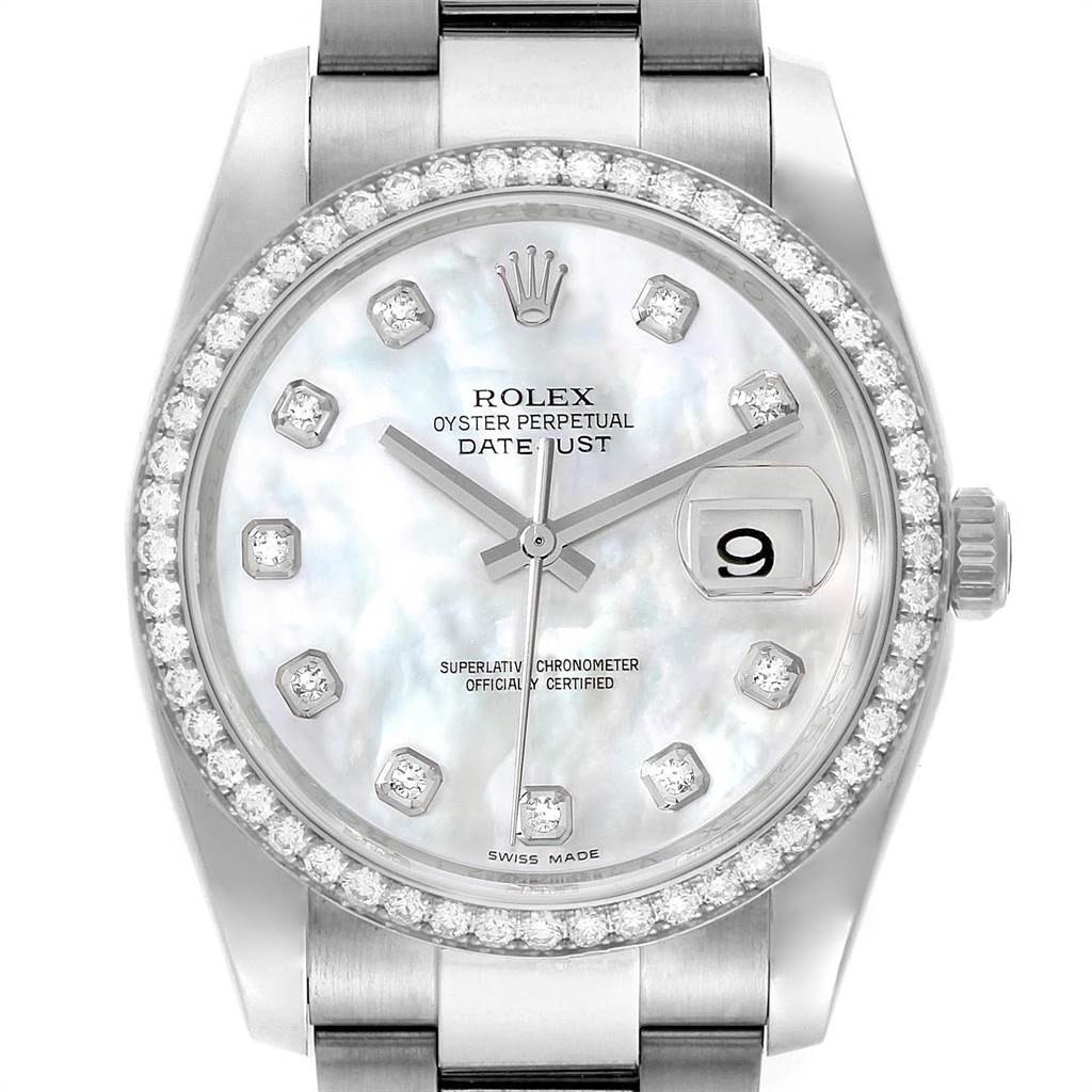 The image shows a close-up of the Rolex Datejust 116244 Men's Stainless Steel Mother of Pearl Dial 116244 Men's Stainless Steel Mother of Pearl Dial watch face viewed from the front, highlighting the dial, hands, crown, and crystal-encrusted bezel.