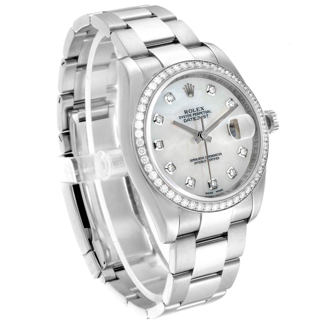 The image shows a front and slightly angled view of a Rolex Datejust 116244 Men's Stainless Steel Mother of Pearl Dial 116244 Men's Stainless Steel Mother of Pearl Dial watch, highlighting the dial, bezel, and bracelet.