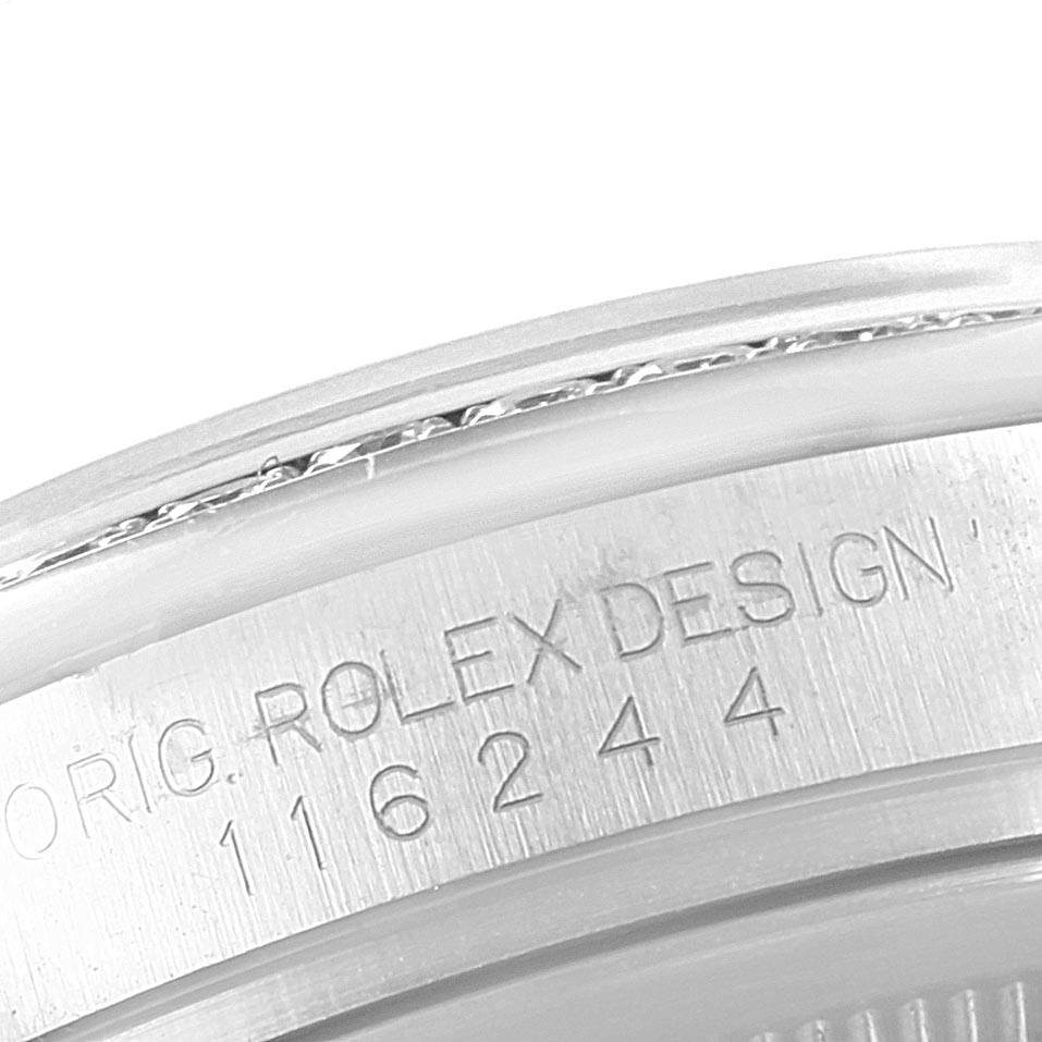 This close-up image shows the engraved model number on the side of a Rolex Datejust 116244 Men's Stainless Steel Mother of Pearl Dial 116244 Men's Stainless Steel Mother of Pearl Dial watch.