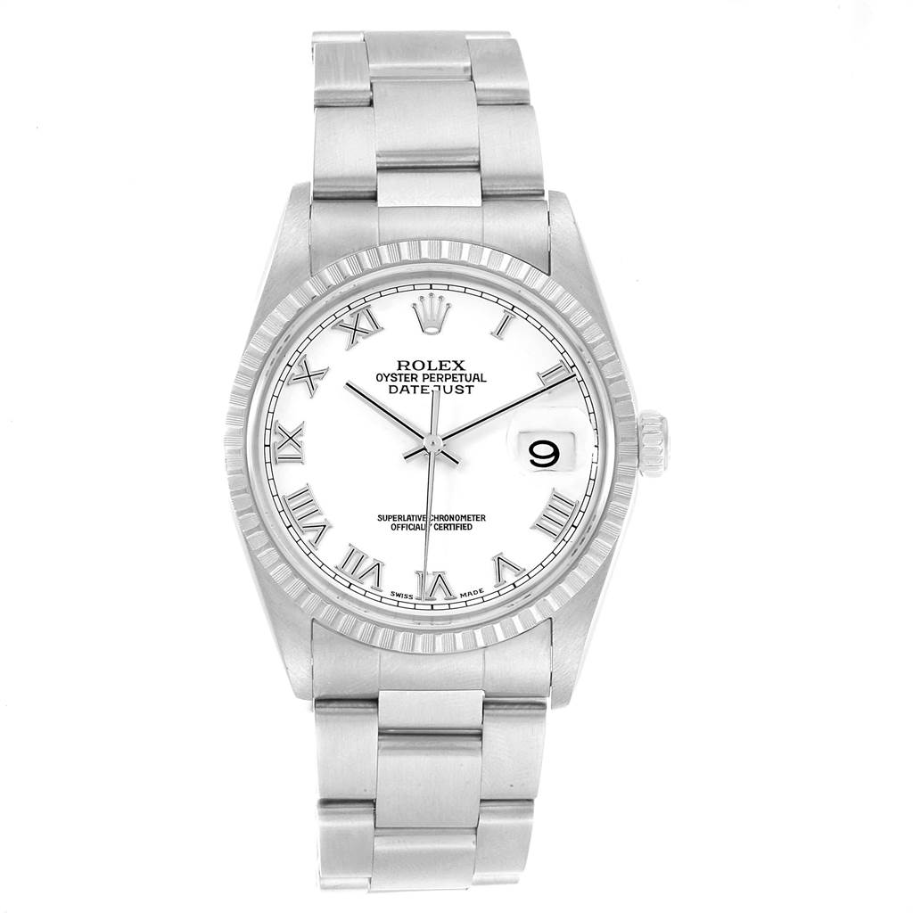 The image shows a front view of a Rolex Datejust 16220 Men's Stainless Steel White Dial 16220 Men's Stainless Steel White Dial watch, displaying the face, bezel, and part of the bracelet.