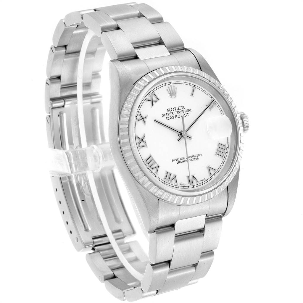This image shows a Rolex Datejust 16220 Men's Stainless Steel White Dial 16220 Men's Stainless Steel White Dial watch at an angle highlighting the face, bezel, crown, and bracelet.