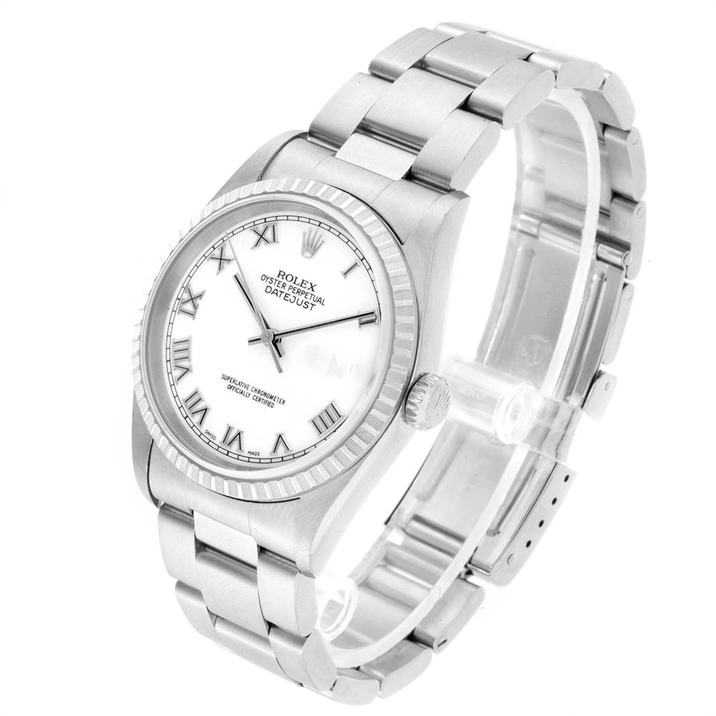 This image shows a Rolex Datejust 16220 Men's Stainless Steel White Dial 16220 Men's Stainless Steel White Dial watch at a slight angle, highlighting the face, bezel, crown, and part of the bracelet.