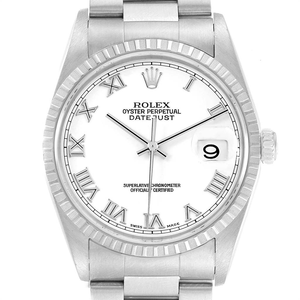 The watch is a Rolex Datejust 16220 Men's Stainless Steel White Dial 16220 Men's Stainless Steel White Dial model shown from a top-down view, highlighting the dial, bezel, and part of the bracelet.