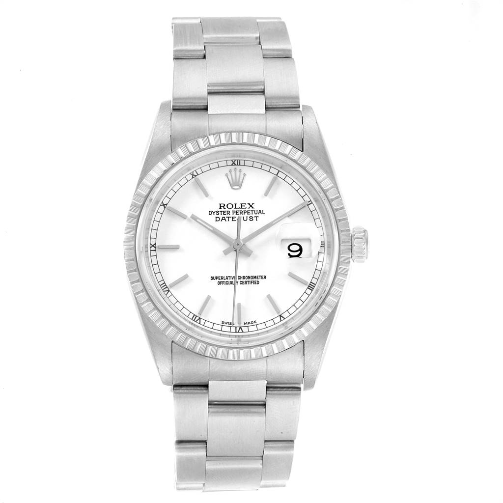 The image shows a full frontal view of a Rolex Datejust 16220 Men's Stainless Steel White Dial 16220 Men's Stainless Steel White Dial with its bracelet, dial, and bezel visible.