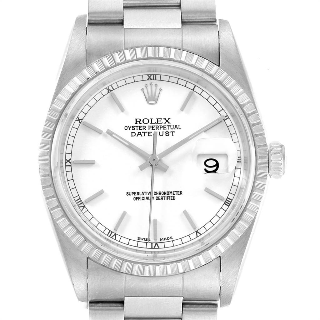 The image shows a frontal view of a Rolex Datejust 16220 Men's Stainless Steel White Dial 16220 Men's Stainless Steel White Dial watch, displaying its face, bezel, and part of the bracelet.
