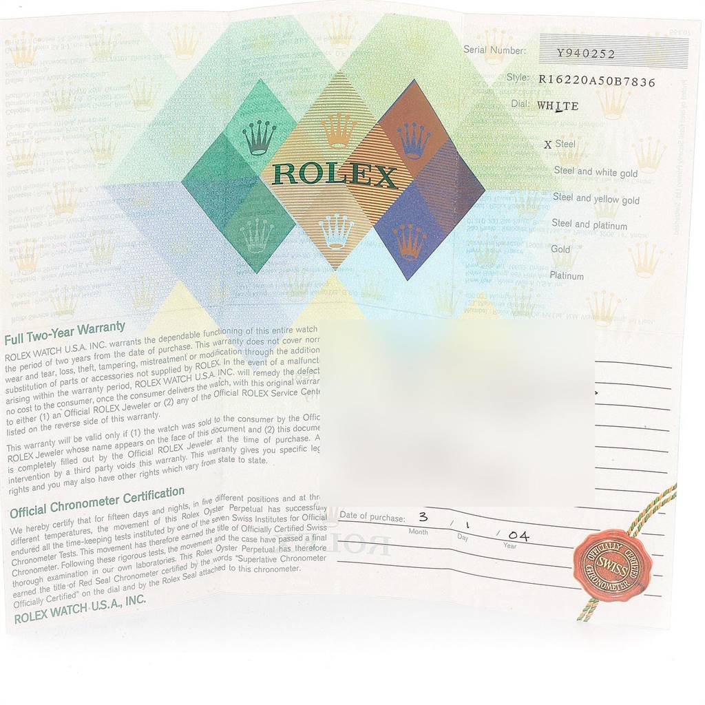 This image shows the warranty and certification document for a Rolex Datejust 16220 Men's Stainless Steel White Dial 16220 Men's Stainless Steel White Dial watch, model R16220A50B7836.