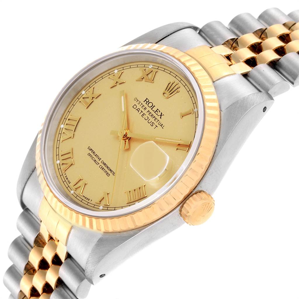 The image shows a close-up angle of the Rolex Datejust 16233 Men's Steel and Gold (two tone) Champagne Dial 16233 Men's Steel and Gold (two tone) Champagne Dial watch, highlighting the face, crown, and part of the bracelet.