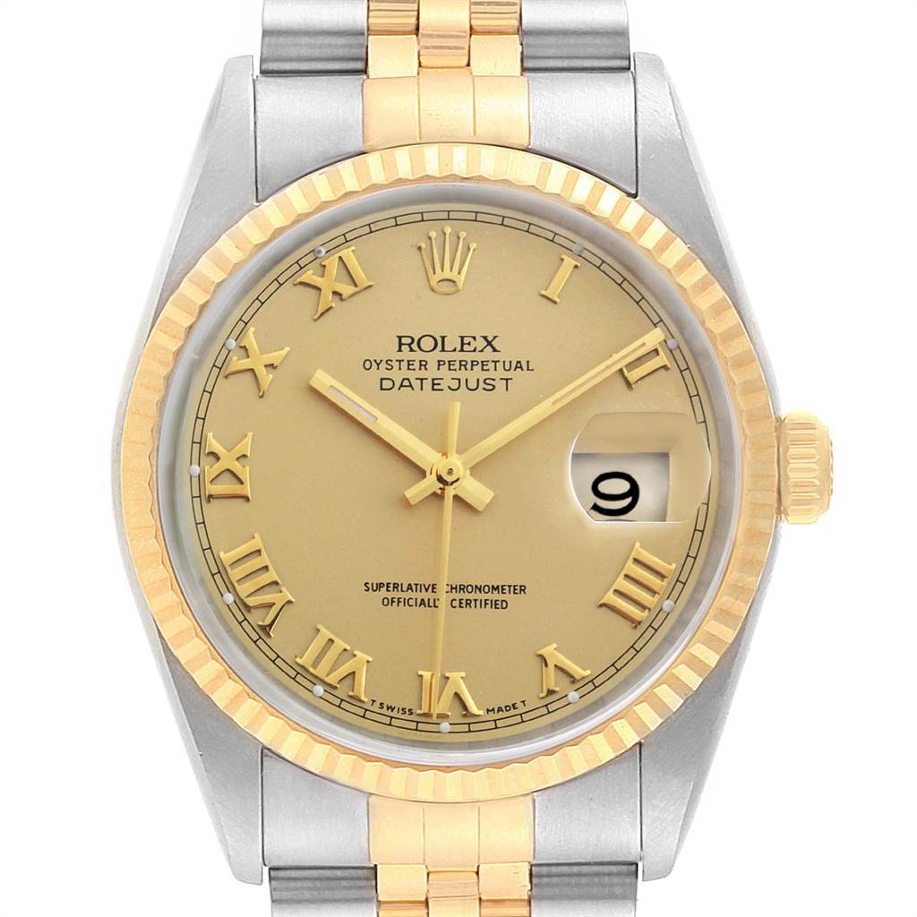 The Rolex Datejust 16233 Men's Steel and Gold (two tone) Champagne Dial 16233 Men's Steel and Gold (two tone) Champagne Dial watch is shown from a front angle, highlighting the dial, bezel, and part of the bracelet.