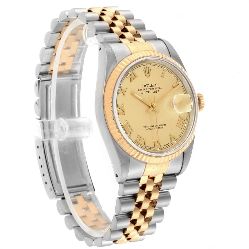 This Rolex Datejust 16233 Men's Steel and Gold (two tone) Champagne Dial 16233 Men's Steel and Gold (two tone) Champagne Dial watch is shown from an oblique angle highlighting its face, bezel, and two-toned bracelet.