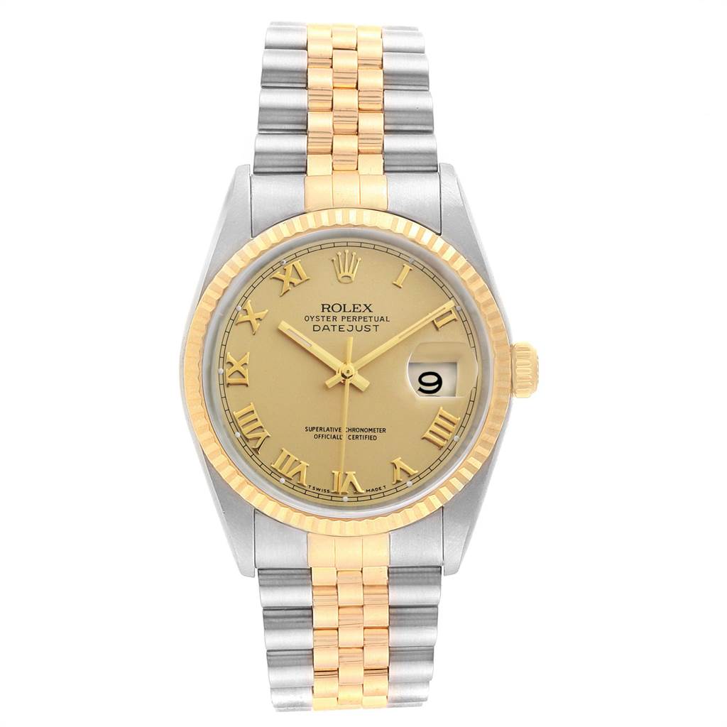 This image shows a full frontal view of the Rolex Datejust 16233 Men's Steel and Gold (two tone) Champagne Dial 16233 Men's Steel and Gold (two tone) Champagne Dial watch, including the face, bezel, crown, and bracelet.