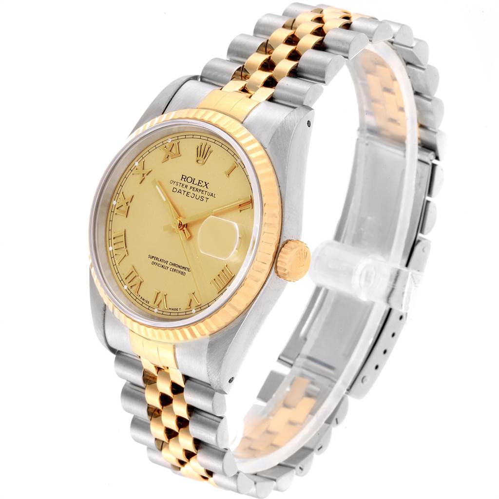 The Rolex Datejust 16233 Men's Steel and Gold (two tone) Champagne Dial 16233 Men's Steel and Gold (two tone) Champagne Dial watch is shown at an oblique angle, displaying the face, bezel, crown, and bracelet.