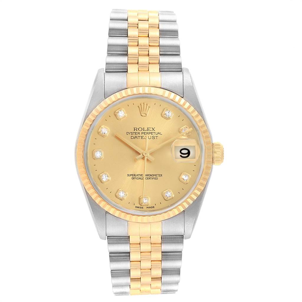 This image shows a Rolex Datejust 16233 Men's Steel and Gold (two tone) Champagne Dial 16233 Men's Steel and Gold (two tone) Champagne Dial watch from the front, displaying the face, bezel, and bracelet in gold and silver.
