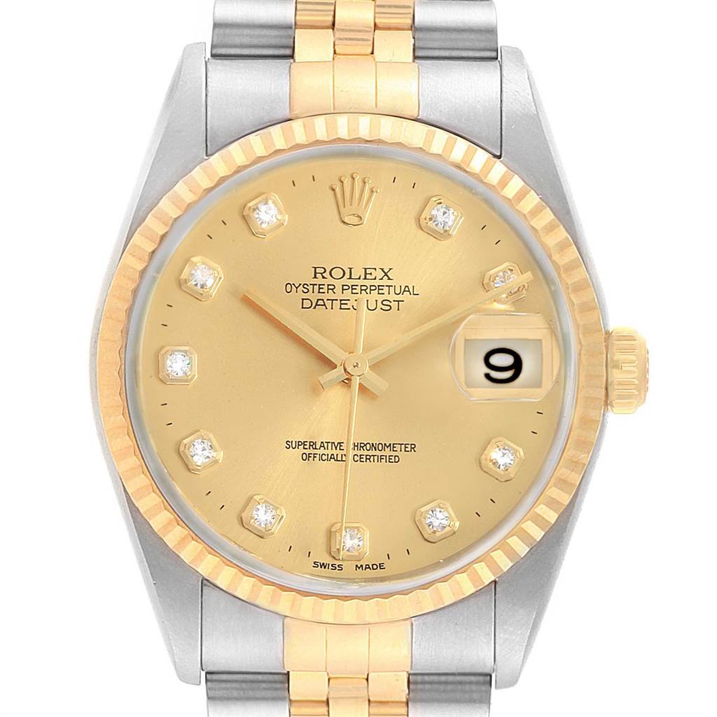 This image shows a frontal view of a Rolex Datejust 16233 Men's Steel and Gold (two tone) Champagne Dial 16233 Men's Steel and Gold (two tone) Champagne Dial watch, highlighting its gold dial, bezel, and bicolor bracelet.