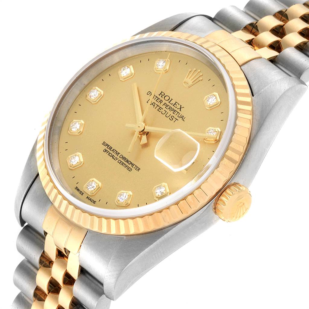 This image shows a close-up of a Rolex Datejust 16233 Men's Steel and Gold (two tone) Champagne Dial 16233 Men's Steel and Gold (two tone) Champagne Dial watch, focusing on the watch face, bezel, crown, and part of the bracelet.