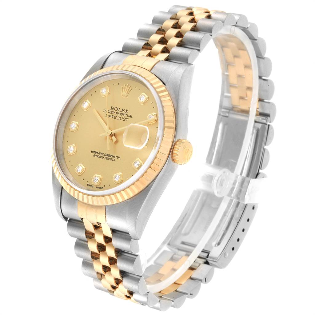 The image shows a Rolex Datejust 16233 Men's Steel and Gold (two tone) Champagne Dial 16233 Men's Steel and Gold (two tone) Champagne Dial watch at a slightly angled side view, highlighting the face, bezel, crown, and bracelet.