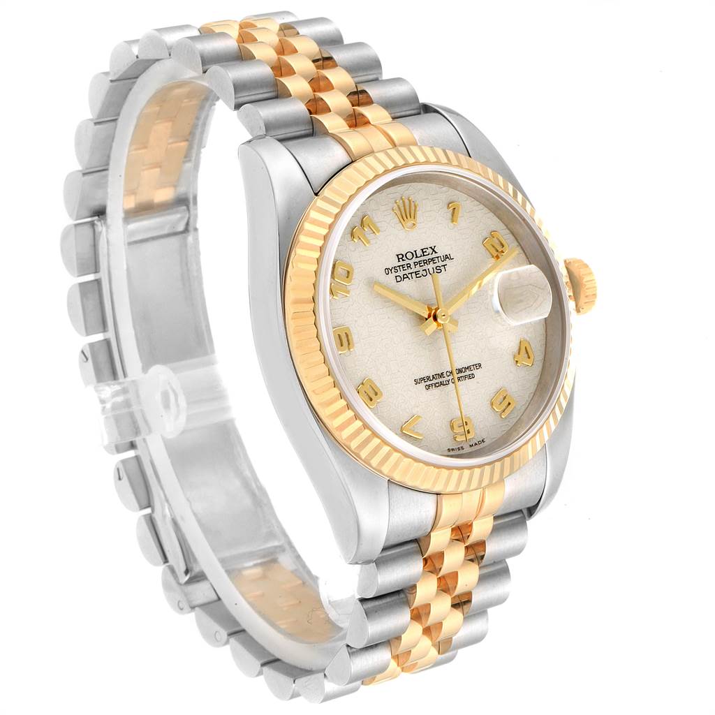 The image shows a Rolex Datejust 116233 Men's Stainless Steel Beige Dial 116233 Men's Stainless Steel Beige Dial watch at an angled view, highlighting its two-tone bracelet, bezel, and dial with date magnifier.