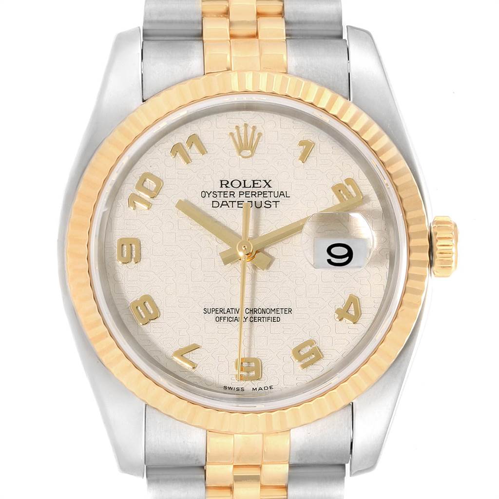 The image shows a close-up of the Rolex Datejust 116233 Men's Stainless Steel Beige Dial 116233 Men's Stainless Steel Beige Dial watch, highlighting the dial, bezel, crown, and part of the bracelet.