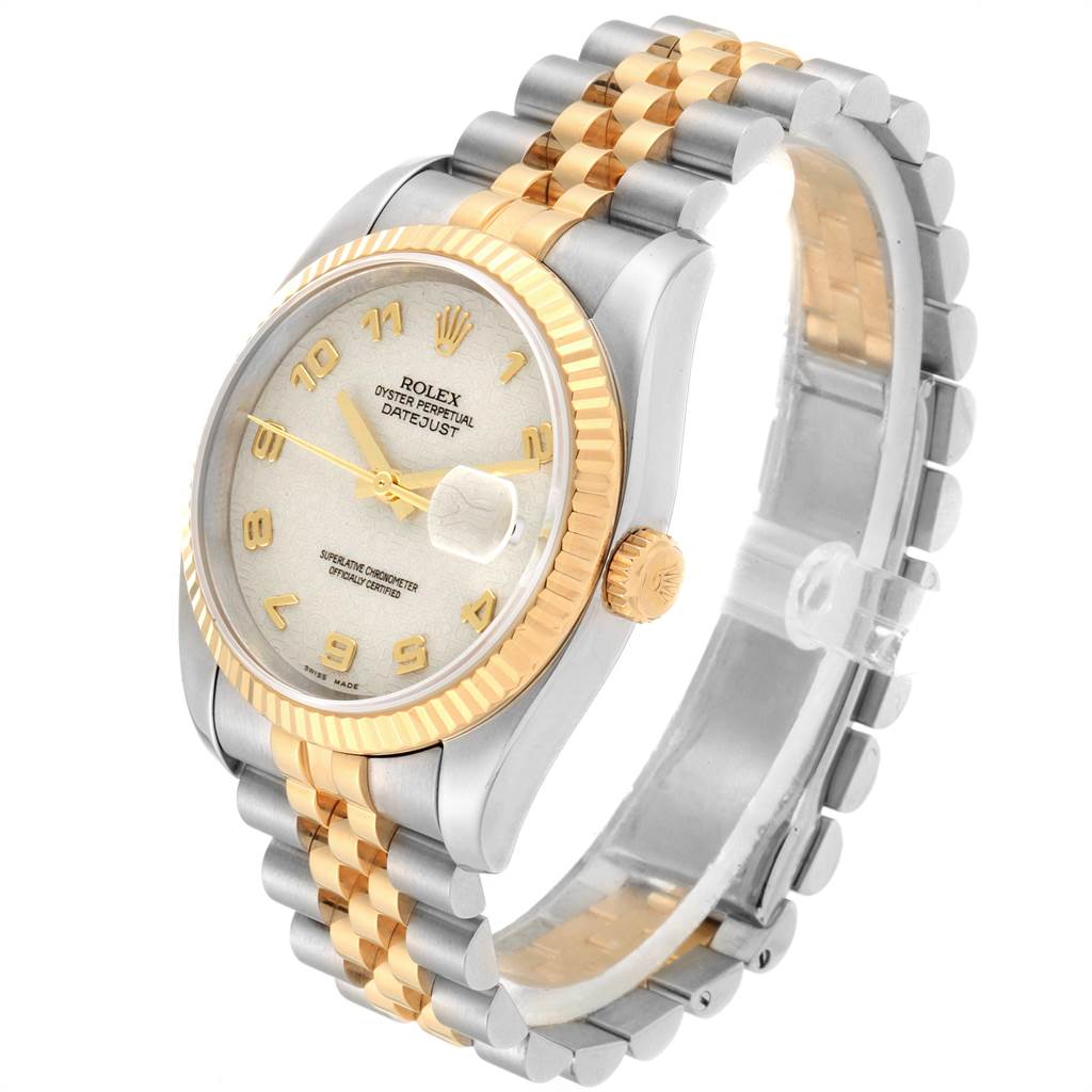 The image shows a Rolex Datejust 116233 Men's Stainless Steel Beige Dial 116233 Men's Stainless Steel Beige Dial watch at a three-quarter angle, highlighting its two-tone bracelet, fluted bezel, and dial.