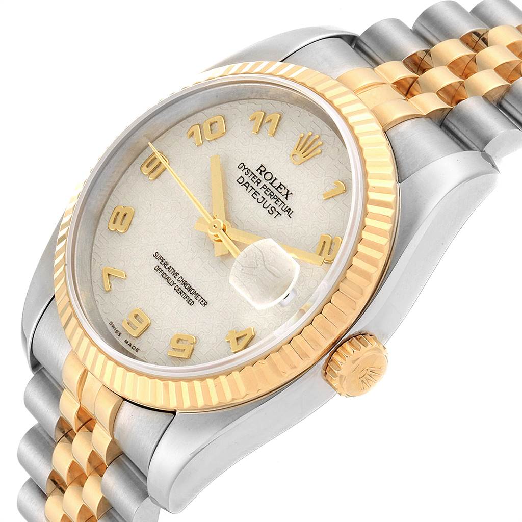 The image shows a Rolex Datejust 116233 Men's Stainless Steel Beige Dial 116233 Men's Stainless Steel Beige Dial watch at a side angle, highlighting the dial, crown, and two-tone bracelet.