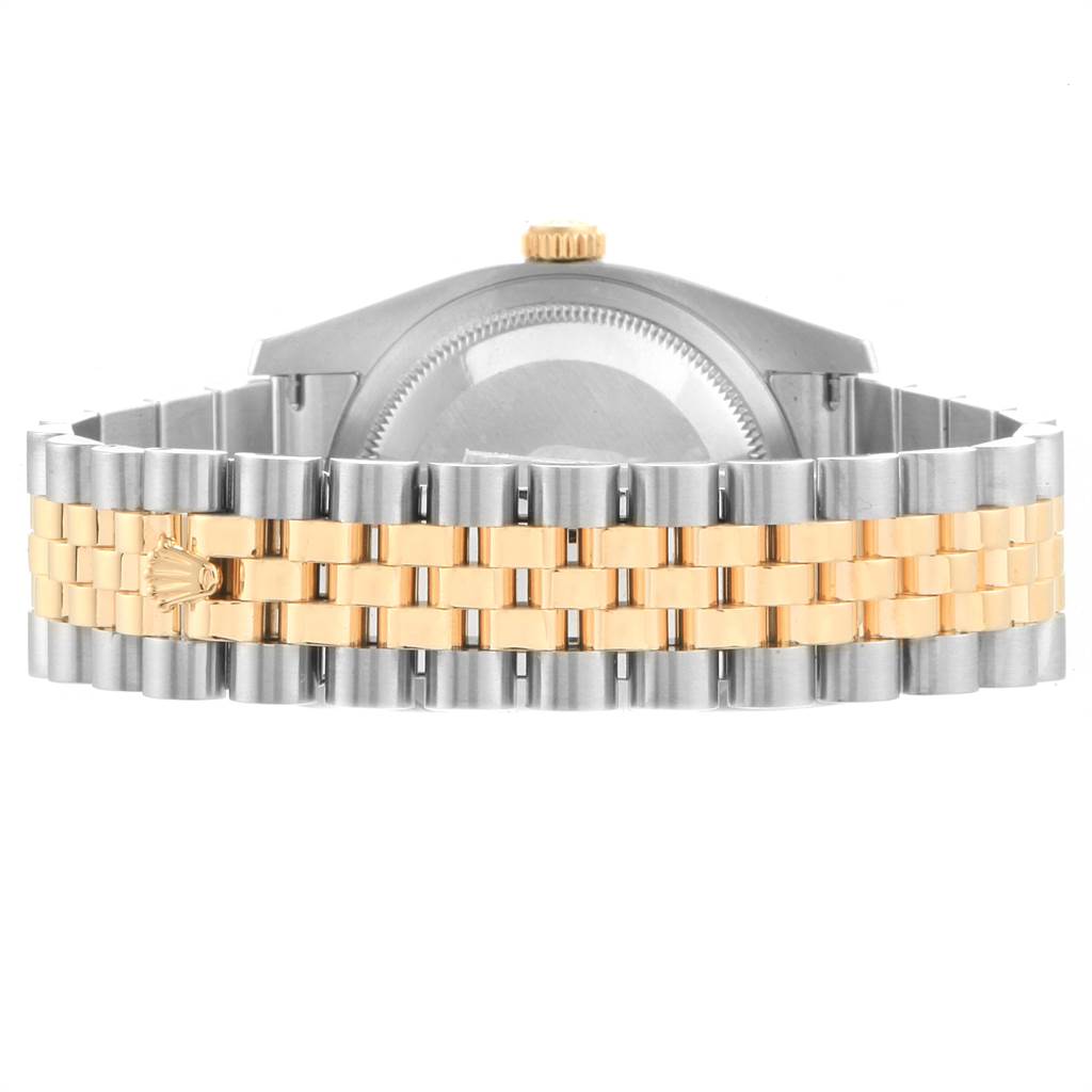 The image shows the back and bracelet of a Rolex Datejust 116233 Men's Stainless Steel Beige Dial 116233 Men's Stainless Steel Beige Dial watch in a combination of silver and gold.