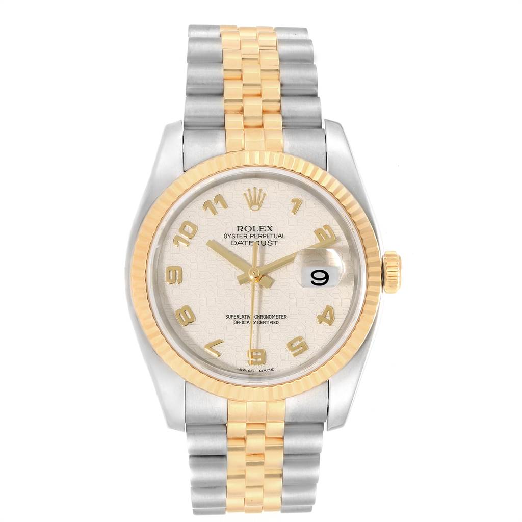 The image shows a Rolex Datejust 116233 Men's Stainless Steel Beige Dial 116233 Men's Stainless Steel Beige Dial watch from a straight-on angle, highlighting the dial, bezel, and bracelet.
