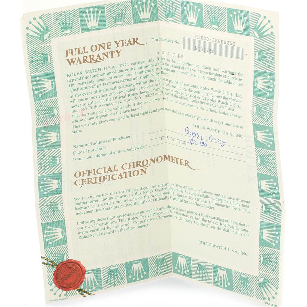 This image shows an official chronometer certification and warranty paper for a Rolex Datejust 16233 Men
s Steel and Gold (two tone) Black Dial 16233 Men
s Steel and Gold (two tone) Black Dial watch.