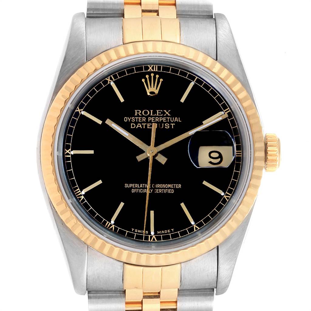 This image shows a frontal view of the Rolex Datejust 16233 Men
s Steel and Gold (two tone) Black Dial 16233 Men
s Steel and Gold (two tone) Black Dial watch, including the face, bezel, and part of the bracelet.