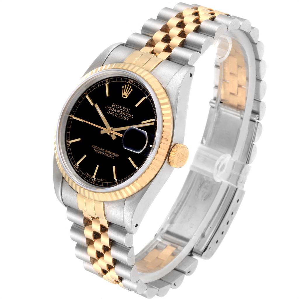 The Rolex Datejust 16233 Men
s Steel and Gold (two tone) Black Dial 16233 Men
s Steel and Gold (two tone) Black Dial watch is shown at an angle highlighting its black dial, gold bezel, and two-tone bracelet.