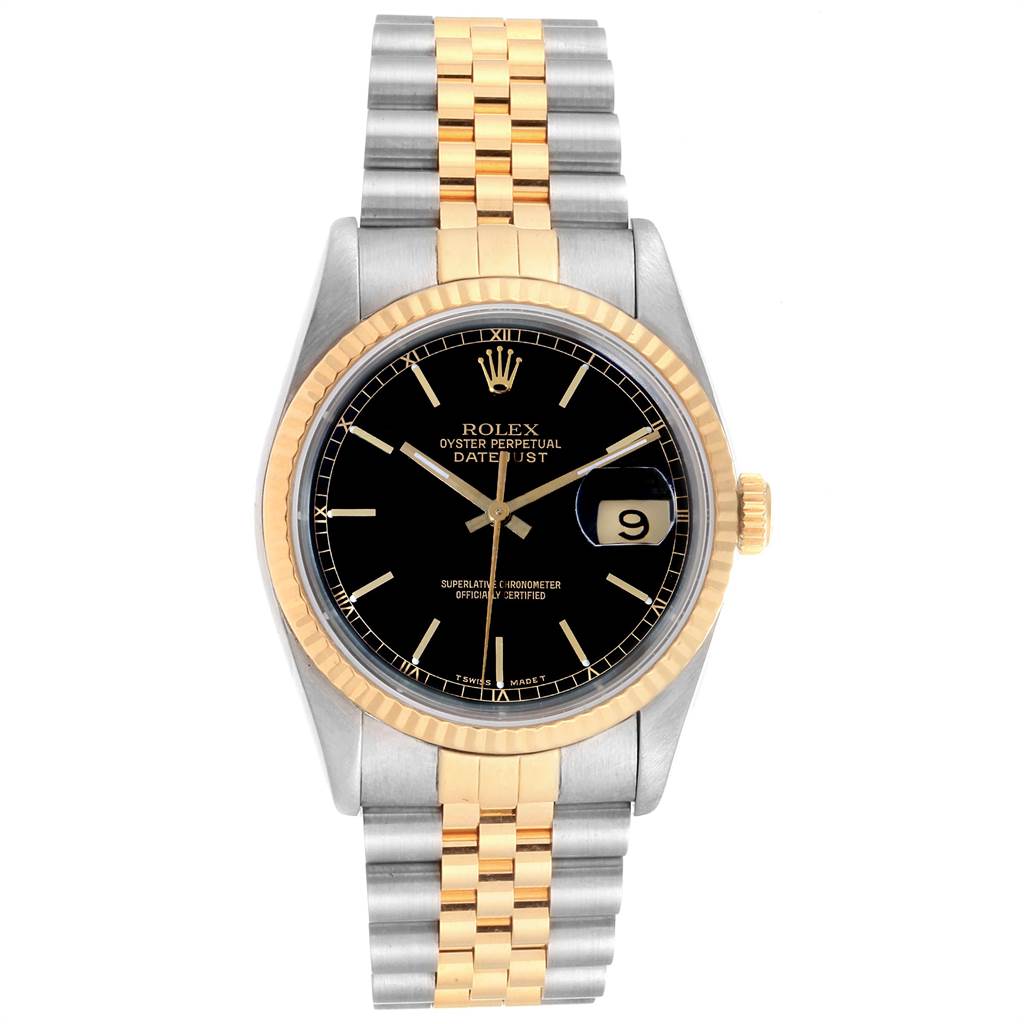 This image shows a frontal view of the Rolex Datejust 16233 Men
s Steel and Gold (two tone) Black Dial 16233 Men
s Steel and Gold (two tone) Black Dial watch, featuring its dial, bezel, and two-tone bracelet.