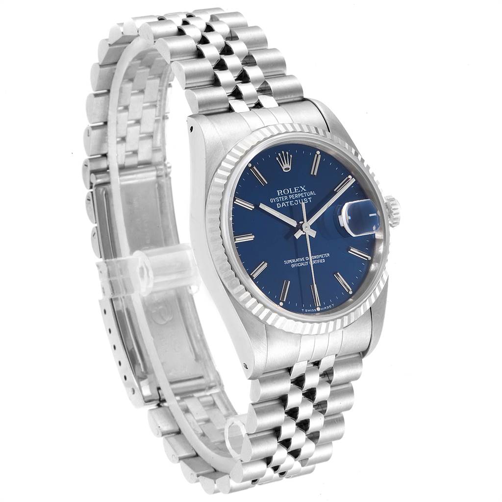 The image shows a Rolex Datejust 16234 Men's Stainless Steel Blue Dial 16234 Men's Stainless Steel Blue Dial watch at a 3/4 angle, highlighting the face, bezel, and part of the bracelet.