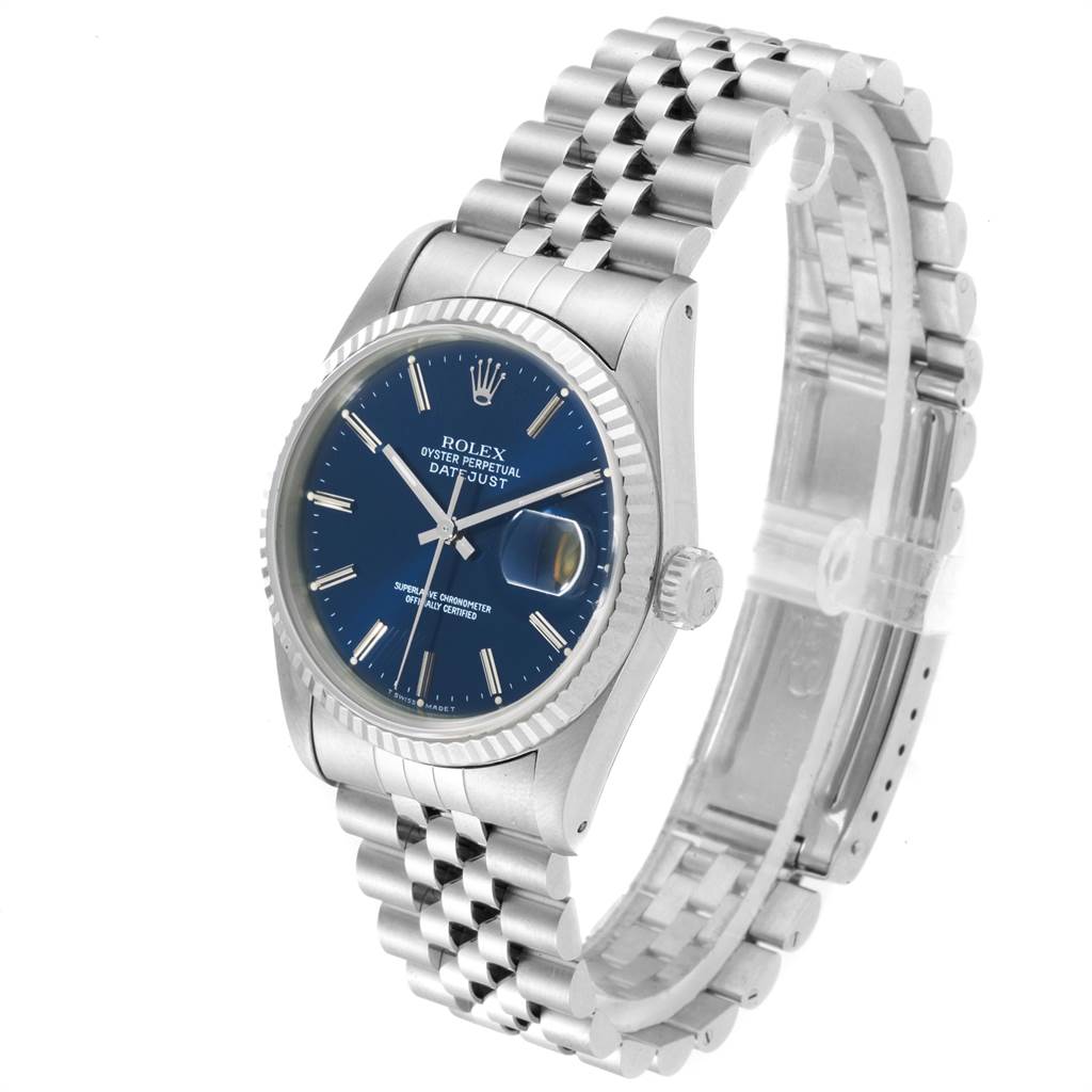 This is a Rolex Datejust 16234 Men's Stainless Steel Blue Dial 16234 Men's Stainless Steel Blue Dial watch showing a side angle, including the dial, bezel, crown, and bracelet.