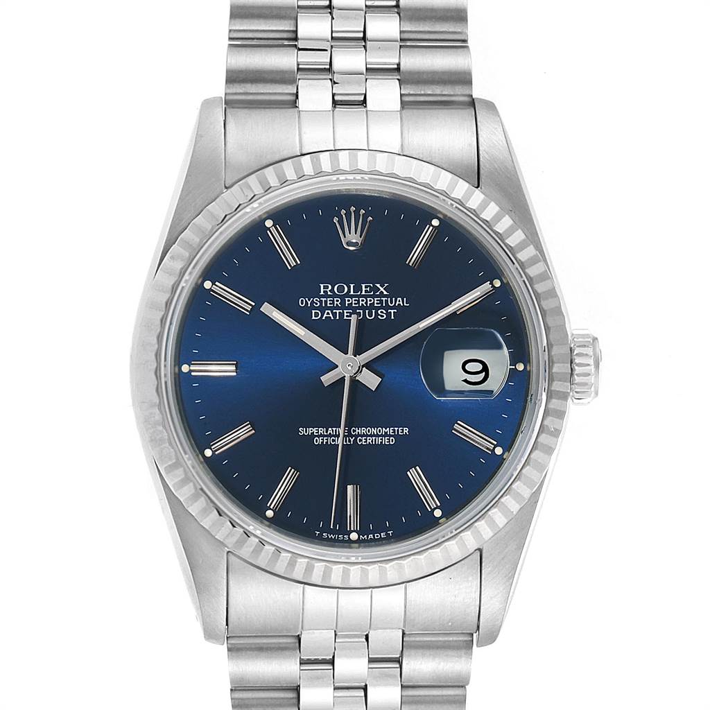 The image shows a front view of a Rolex Datejust 16234 Men's Stainless Steel Blue Dial 16234 Men's Stainless Steel Blue Dial watch with a blue dial and stainless steel bracelet.