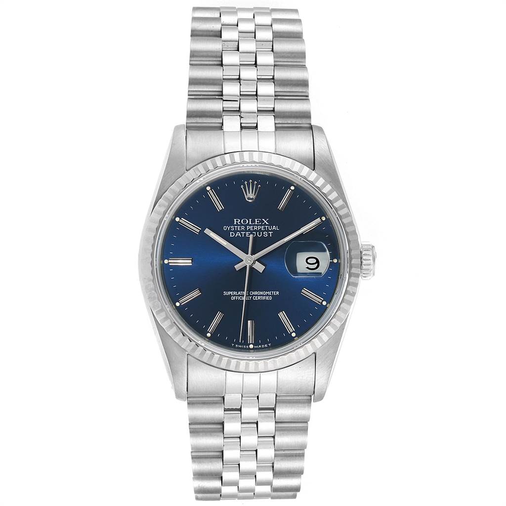 This image shows a front view of a Rolex Datejust 16234 Men's Stainless Steel Blue Dial 16234 Men's Stainless Steel Blue Dial watch, featuring a blue dial and a silver bracelet.