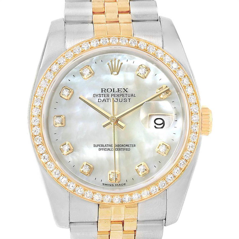 Rolex Datejust 36 Steel Yellow Gold MOP Diamond Dial Bezel Watch 116243 SwissWatchExpo