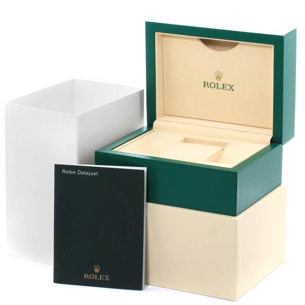 The image shows the Rolex Datejust 116244 Men's Stainless Steel Silver Dial 116244 Men's Stainless Steel Silver Dial box and booklet, with the box partially open at an angle.