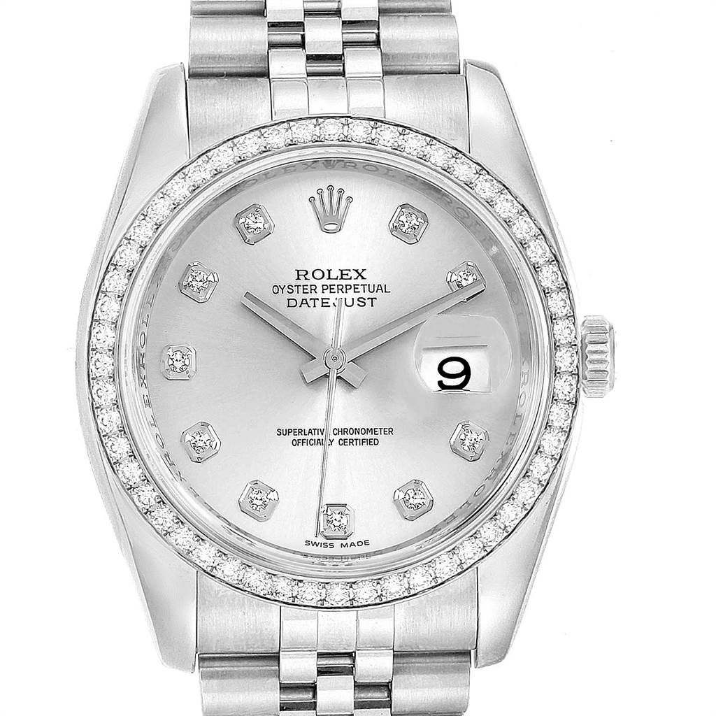This image shows a front view of a Rolex Datejust 116244 Men's Stainless Steel Silver Dial 116244 Men's Stainless Steel Silver Dial watch, featuring the dial, hands, bezel, and part of the bracelet.