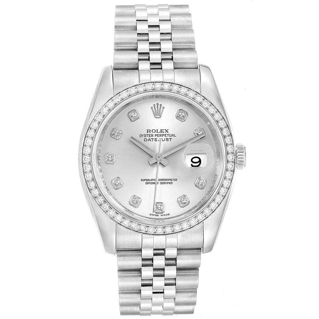 Front view of a Rolex Datejust 116244 Men's Stainless Steel Silver Dial 116244 Men's Stainless Steel Silver Dial watch, showing its face, bezel, crown, and bracelet.