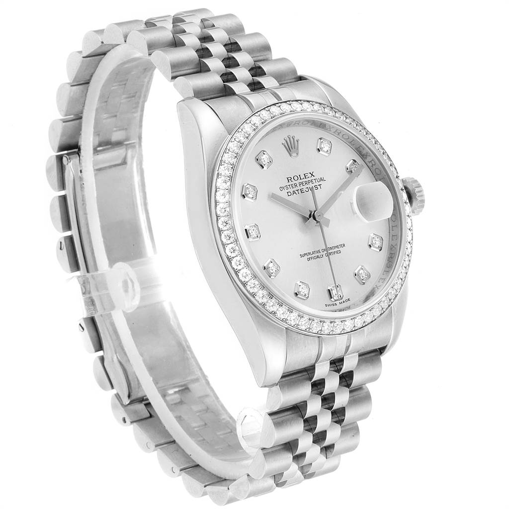 The image shows a Rolex Datejust 116244 Men's Stainless Steel Silver Dial 116244 Men's Stainless Steel Silver Dial watch at a three-quarter angle, displaying the face, bracelet, and side profile.