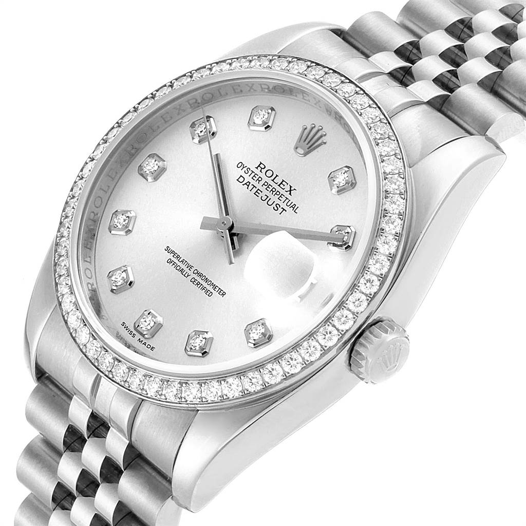 The image shows a date and time view of the Rolex Datejust 116244 Men's Stainless Steel Silver Dial 116244 Men's Stainless Steel Silver Dial watch from an angled perspective, highlighting its dial, bezel, and bracelet.