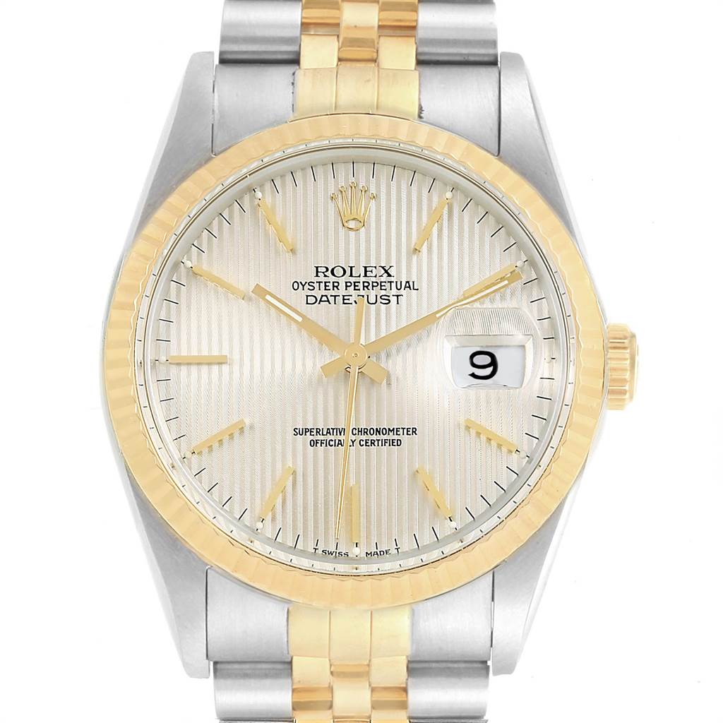 The image shows a front view of the Rolex Datejust 16233 Men's Steel and Gold (two tone) Silver Dial 16233 Men's Steel and Gold (two tone) Silver Dial watch, featuring its dial, bezel, crown, and part of the bracelet.