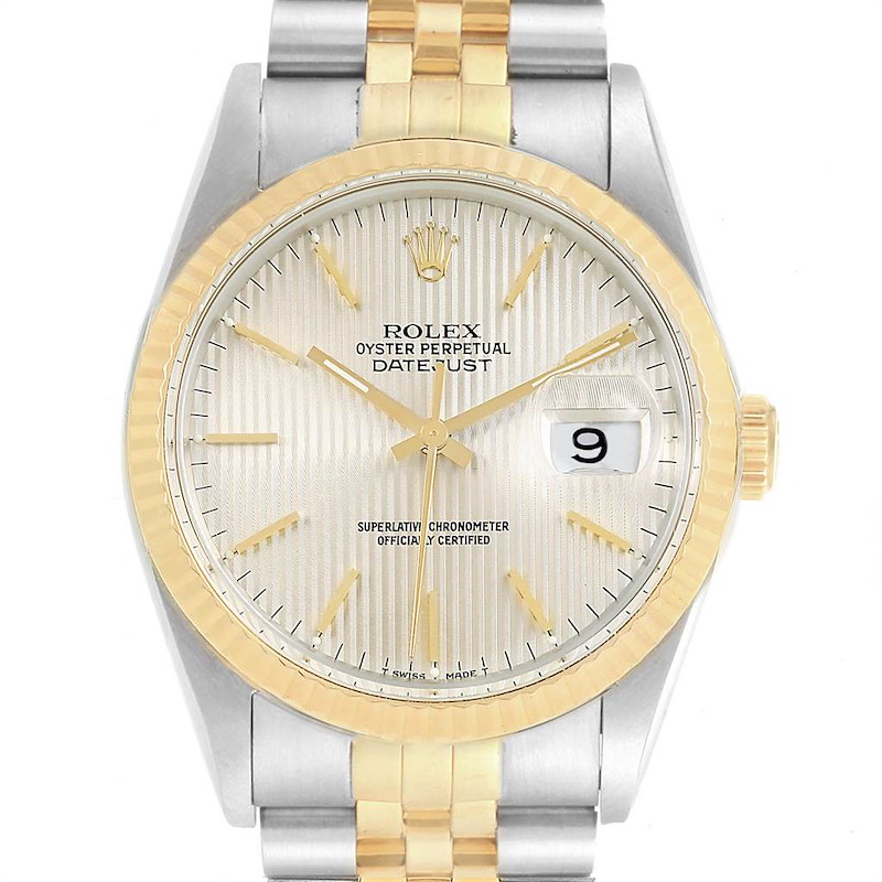 Rolex Datejust Steel Yellow Gold Tapestry Dial Mens Watch 16233 Box Papers SwissWatchExpo
