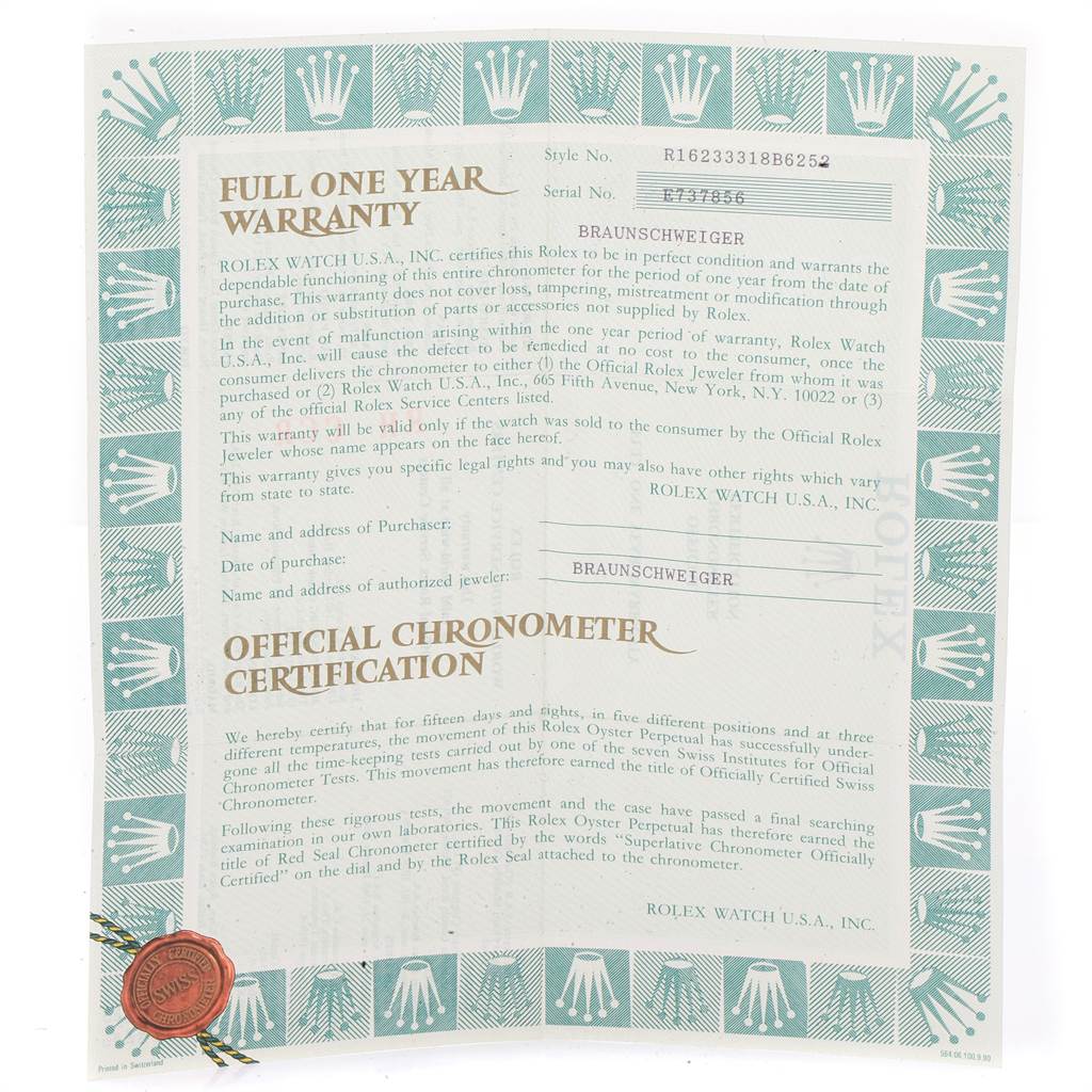 The image shows a warranty and official chronometer certification document for a Rolex Datejust 16233 Men's Steel and Gold (two tone) Silver Dial 16233 Men's Steel and Gold (two tone) Silver Dial watch.