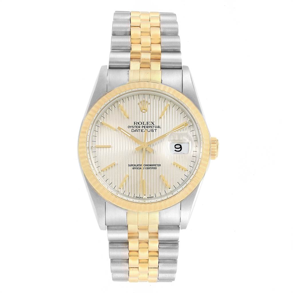 The Rolex Datejust 16233 Men's Steel and Gold (two tone) Silver Dial 16233 Men's Steel and Gold (two tone) Silver Dial watch is shown from a front angle, displaying its face, bezel, and bracelet.
