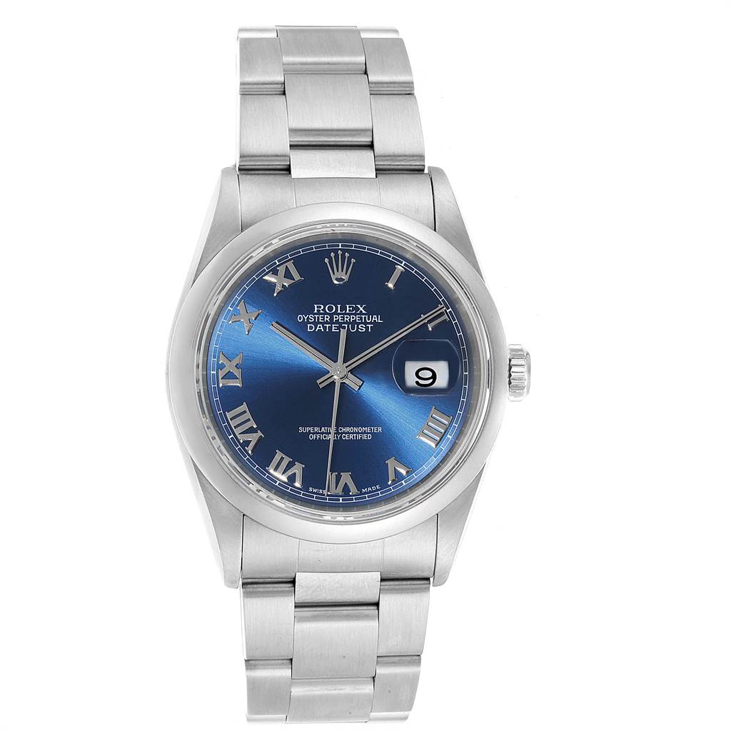 The Rolex Datejust 16200 Men's Stainless Steel Blue Dial 16200 Men's Stainless Steel Blue Dial watch is shown from a front angle displaying its blue dial, Roman numerals, and stainless steel bracelet.
