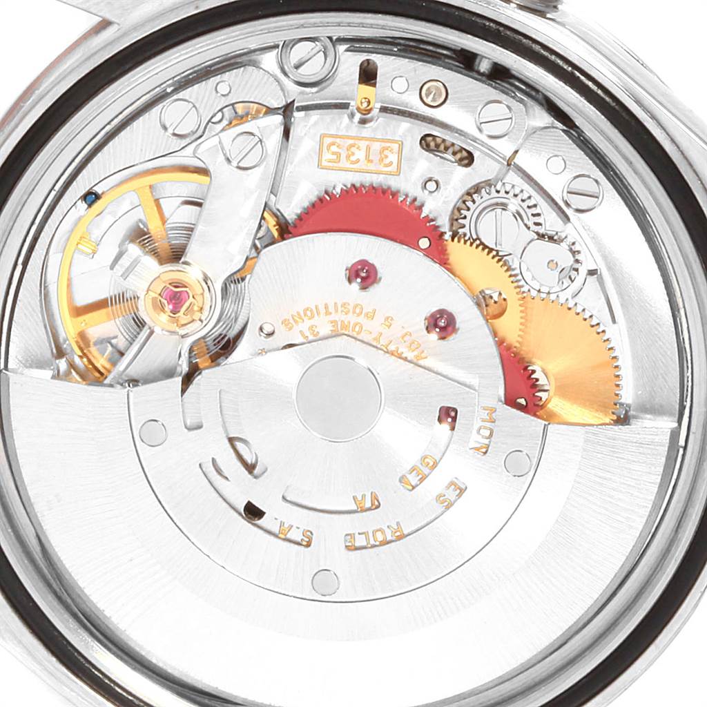 The image shows the internal mechanical movement of a Rolex Datejust 16200 Men's Stainless Steel Blue Dial 16200 Men's Stainless Steel Blue Dial watch from a rear angle.