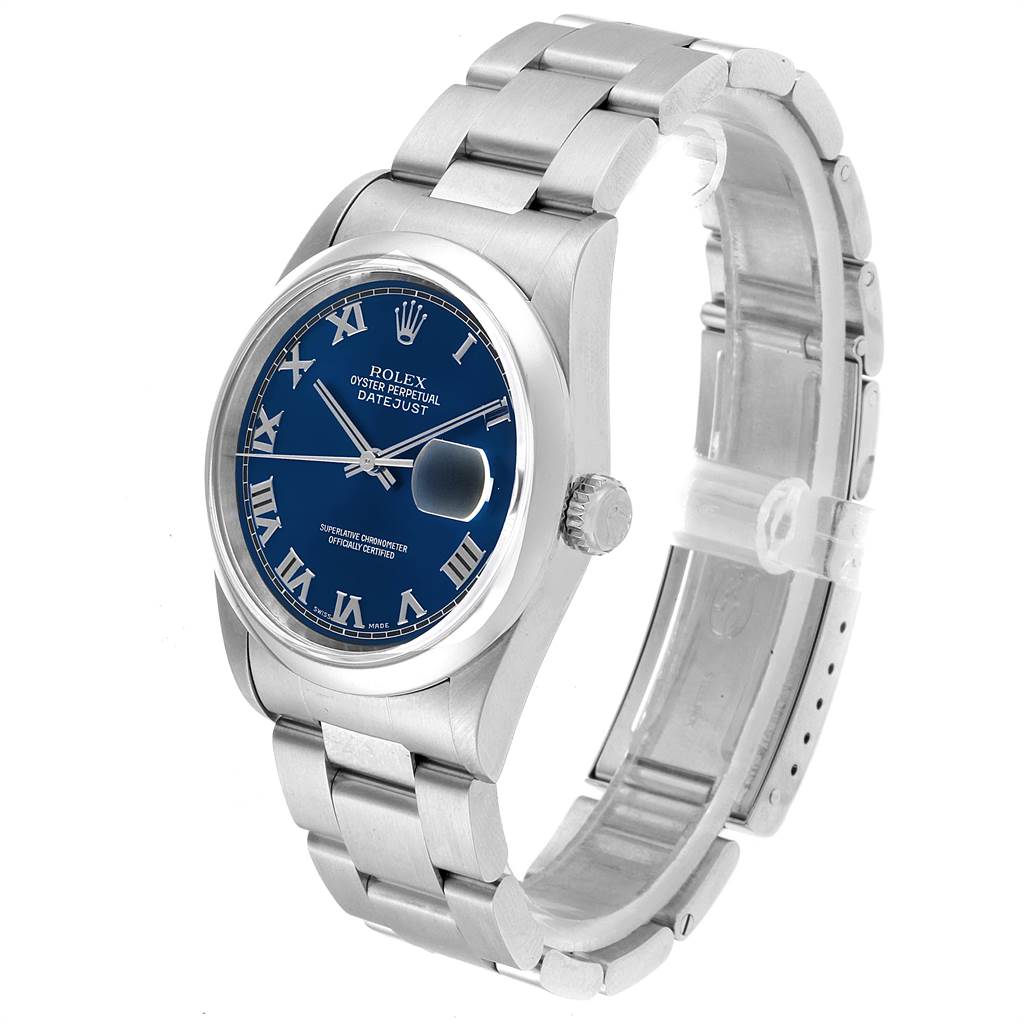 This image shows a Rolex Datejust 16200 Men's Stainless Steel Blue Dial 16200 Men's Stainless Steel Blue Dial watch at an angle, prominently displaying its blue dial, Roman numerals, and stainless steel bracelet.