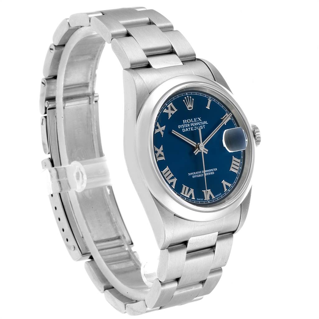This image shows a side view of the Rolex Datejust 16200 Men's Stainless Steel Blue Dial 16200 Men's Stainless Steel Blue Dial watch, displaying the bracelet, case, and face with Roman numerals.