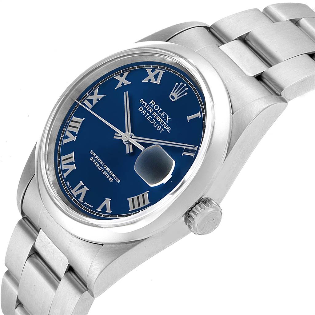 The image shows a side angle of a Rolex Datejust 16200 Men's Stainless Steel Blue Dial 16200 Men's Stainless Steel Blue Dial watch, highlighting its blue dial, Roman numerals, bracelet, and crown.