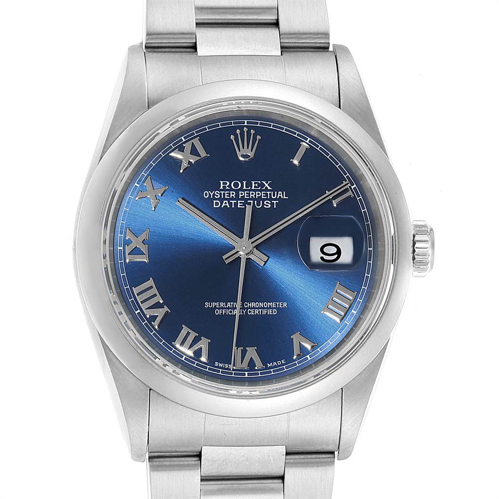 This image shows the face and bracelet of a Rolex Datejust 16200 Men's Stainless Steel Blue Dial 16200 Men's Stainless Steel Blue Dial watch from a frontal angle.
